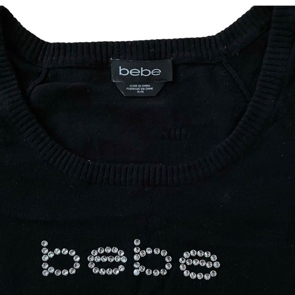 SOLD Bebe Y2KāRhinestone Logo Short Sleeve Round Neck Knit Top Sweater Black M - Picture 3 of 5